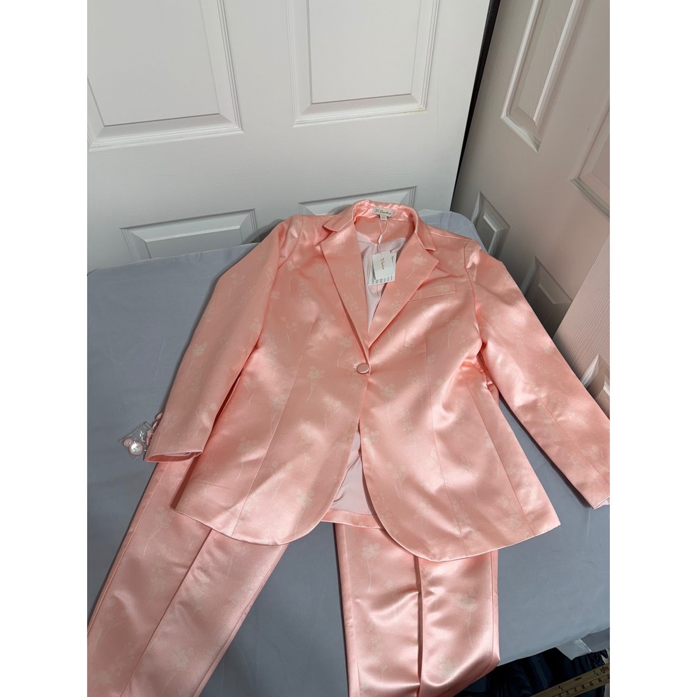 TS Couture Peach Pink Satin Floral Jacquard 2 Piece Pant Suit Set Womens 10 NEW